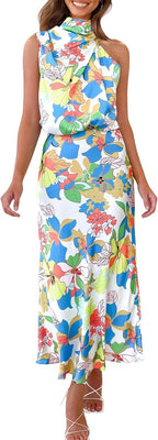 Vivienne Women's Satin Mock Neck Maxi Dress with Asymmetrical Shoulder & Flowy Skirt
