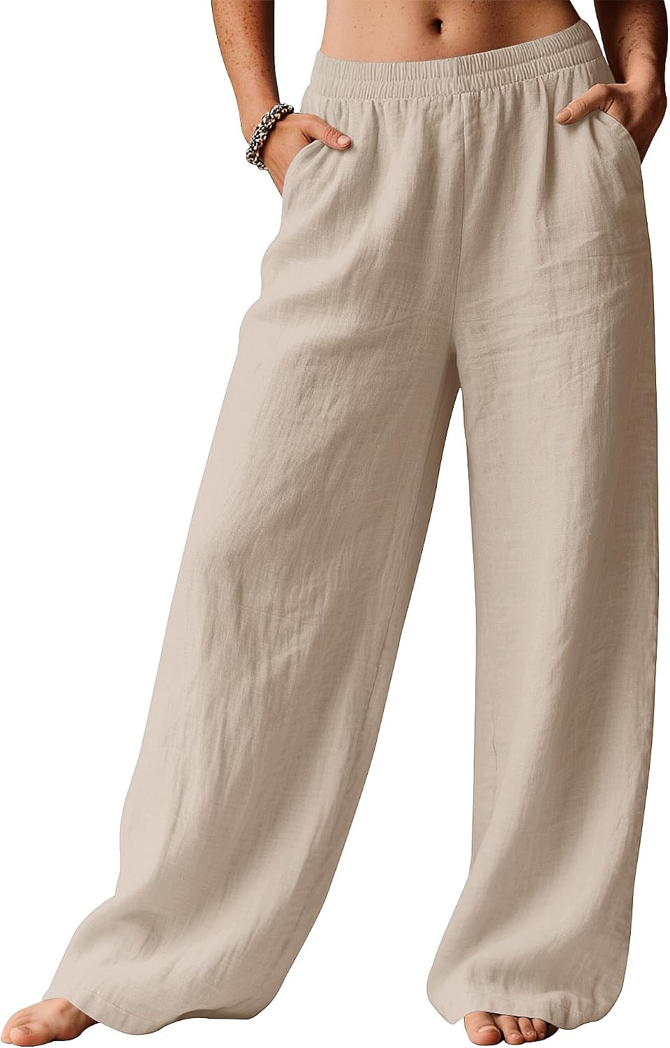 Seraphina Linen Blend Wide Leg Summer Trousers with Elastic Waist and Side Pockets