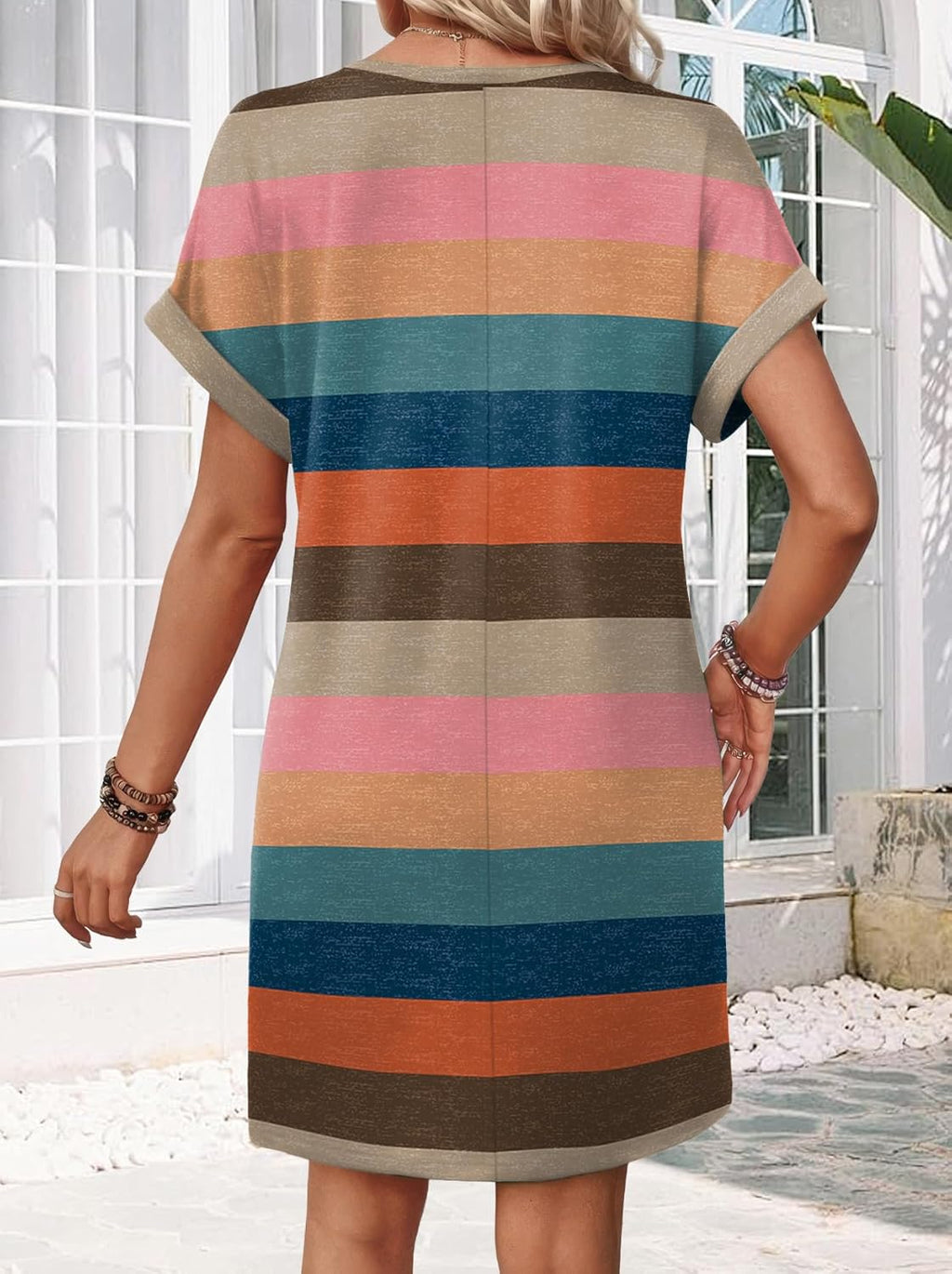 Elara Women's Casual V-Neck Midi T-Shirt Dress with Cuffed Sleeves & Side Pockets