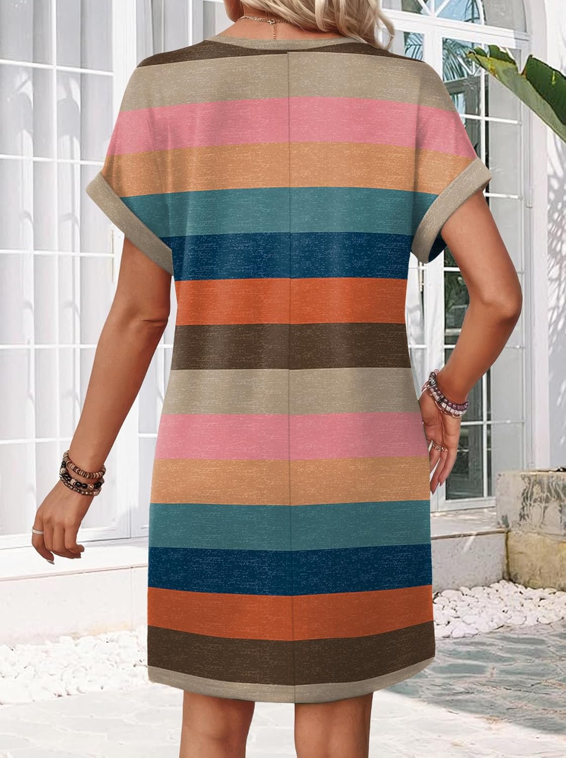Elara Women's Casual V-Neck Midi T-Shirt Dress with Cuffed Sleeves & Side Pockets