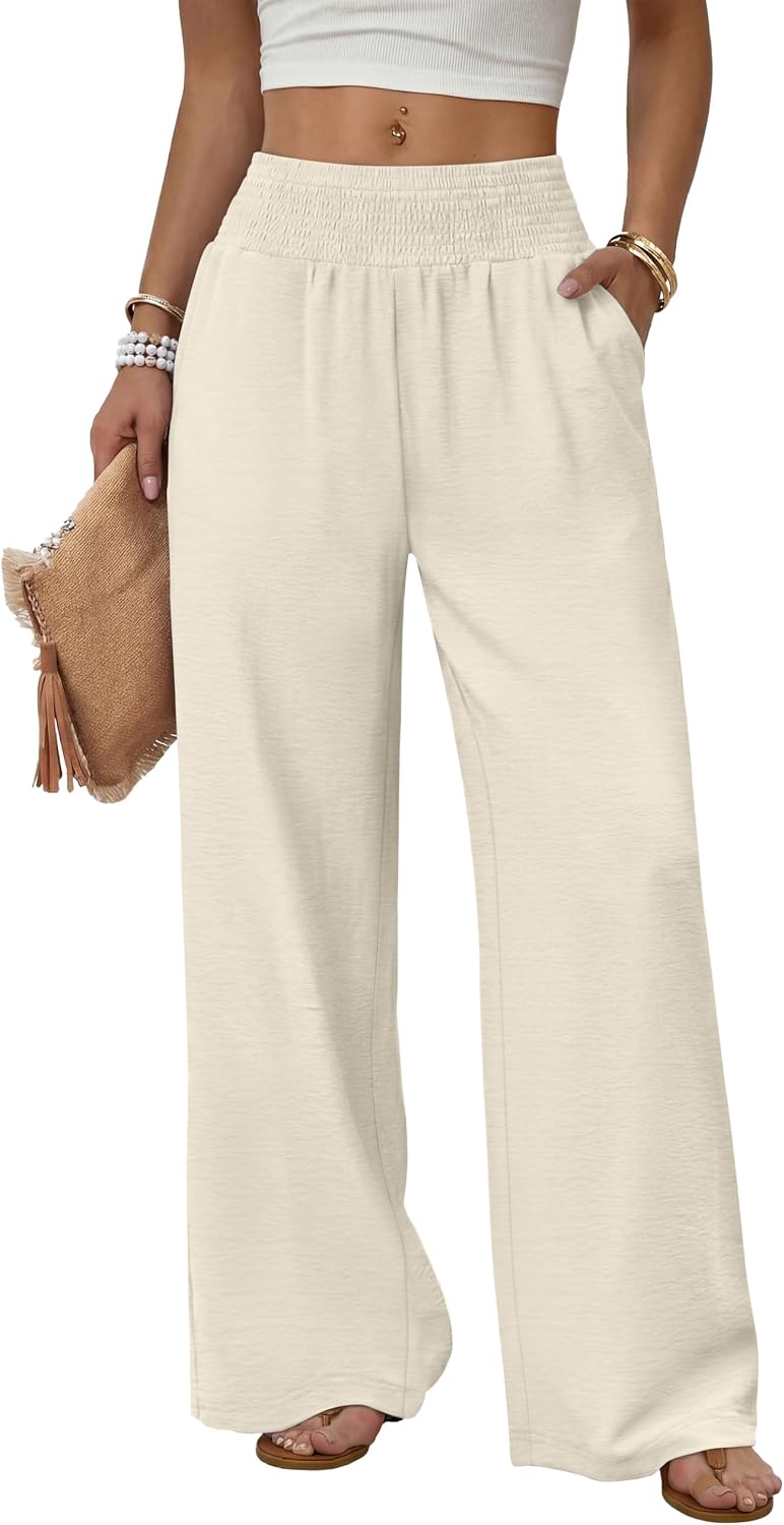 Solenne Women's High-Waisted Wide Leg Lounge Pants with Smocked Waist & Pockets