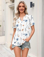 Odeline Women's High-Low V-Neck Blouse with Flutter Short Sleeves