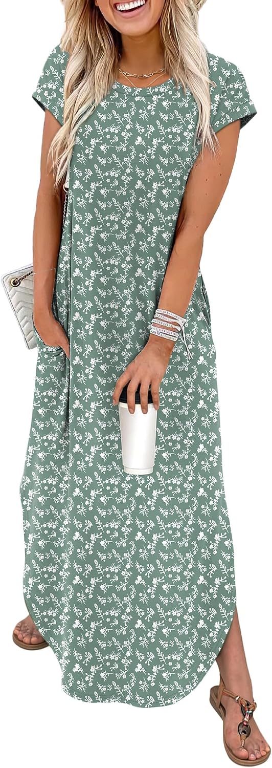 Althea Floral Cap Sleeve Maxi Dress with Pockets, Crew Neck & Relaxed Summer Fit