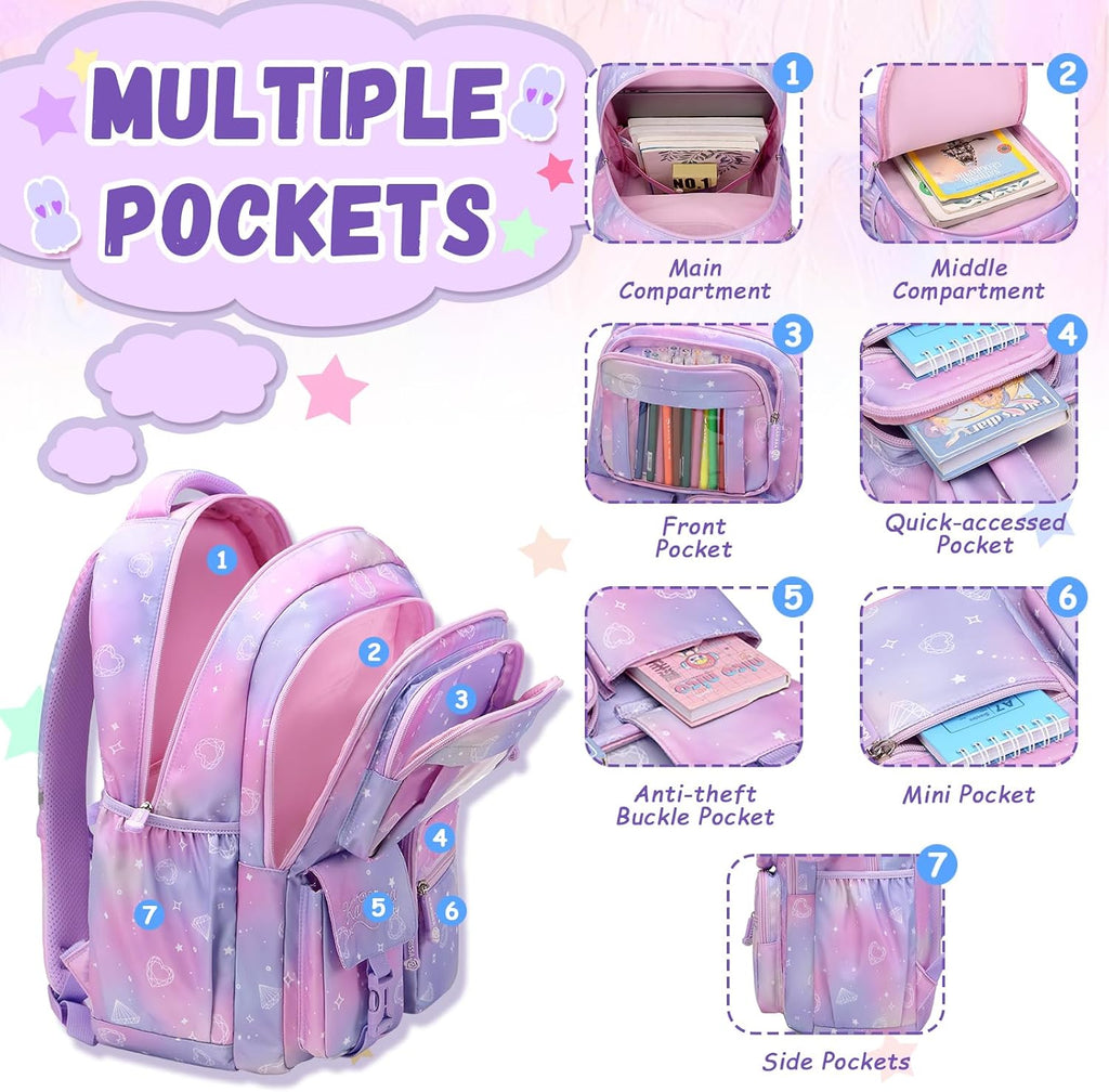 Klara Girls 21.8L Pastel School Backpack with 15-Inch Laptop Sleeve and Pom-Pom Charm