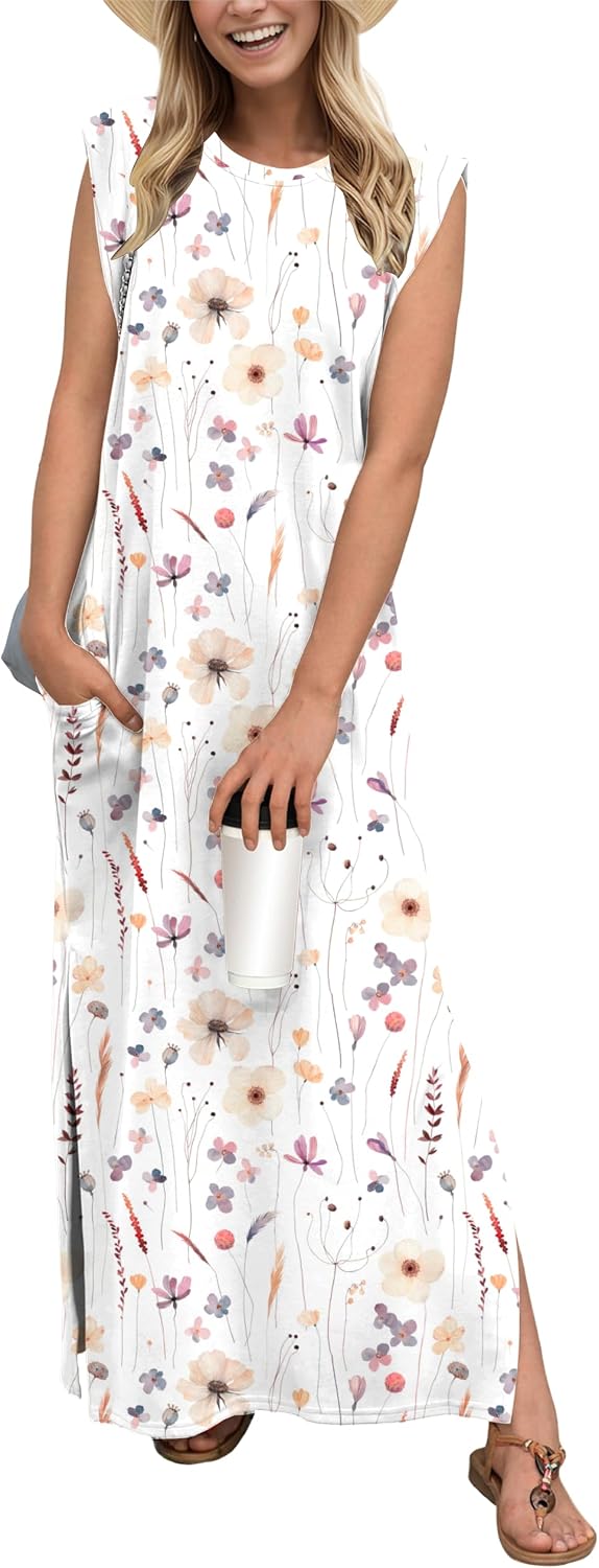 Coralie Women's Sleeveless Maxi Dress with Side Slit, Pockets & Wrinkle-Resistant Fabric