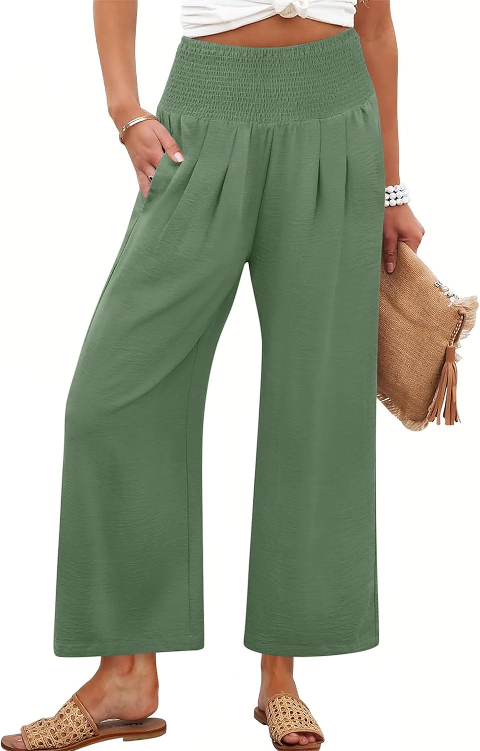 Bria - Wide Leg Palazzo Pants with Smocked High Waist, Pockets and Lightweight Fabric