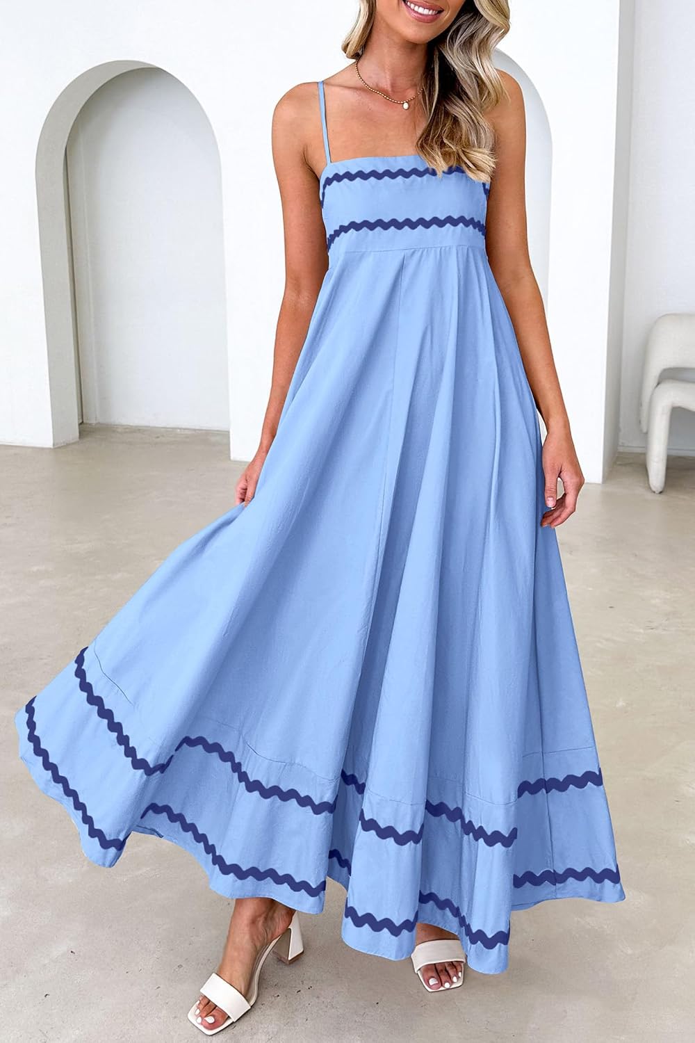 Ysabelle Spaghetti Strap Boho Maxi Dress with Square Neck and Contrast Trim Details
