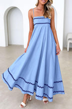 Ysabelle Spaghetti Strap Boho Maxi Dress with Square Neck and Contrast Trim Details