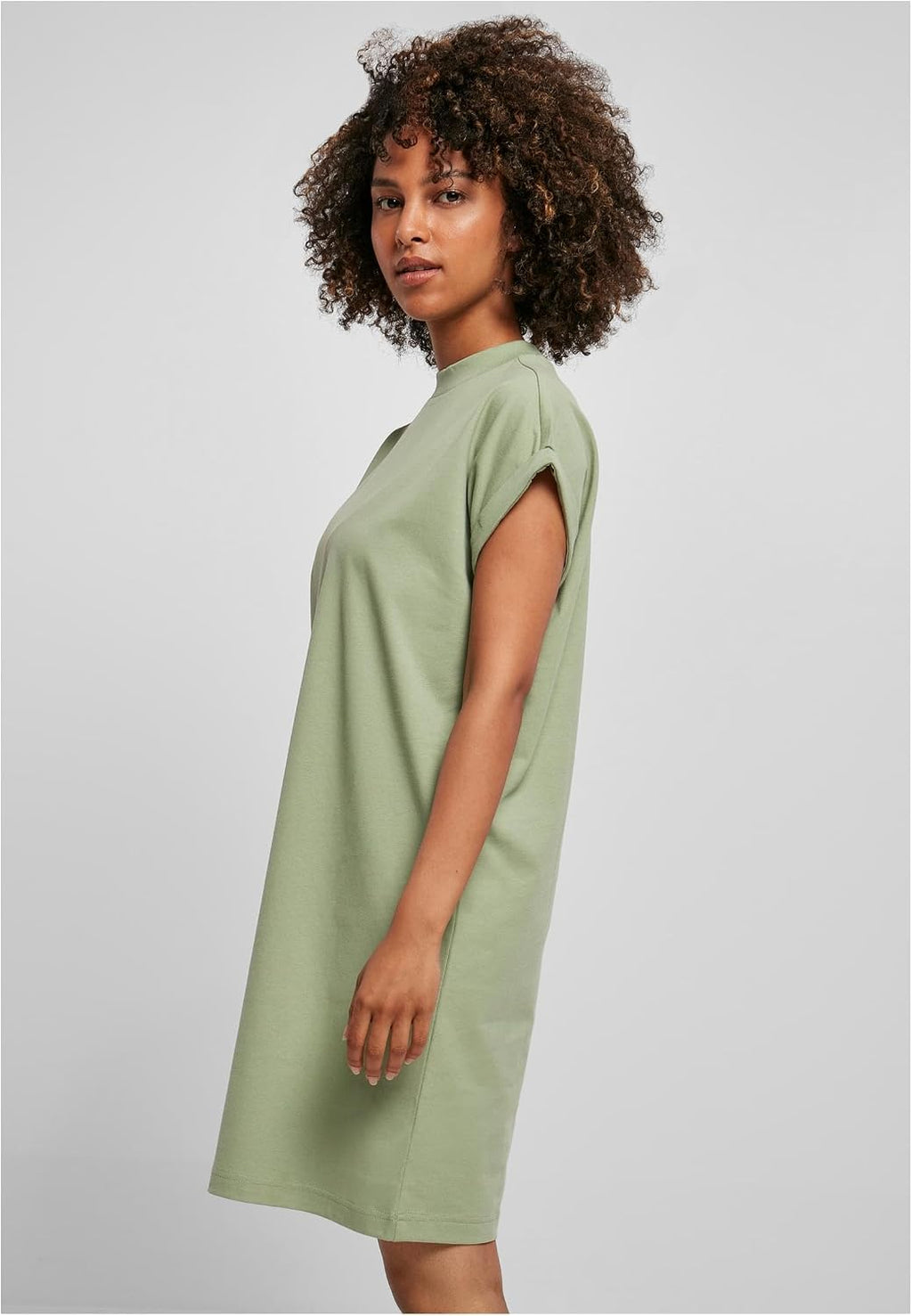 Ysabelle Cotton Drop Shoulder Mini Dress with Mock Neck and Rolled Sleeves Casual Style