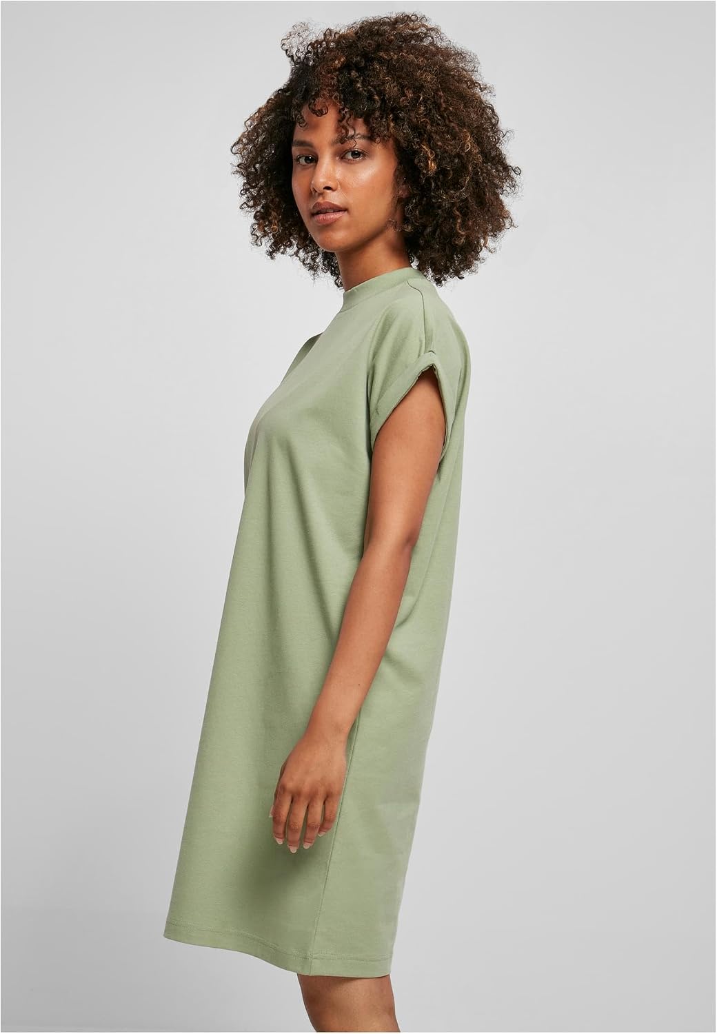 Ysabelle Cotton Drop Shoulder Mini Dress with Mock Neck and Rolled Sleeves Casual Style