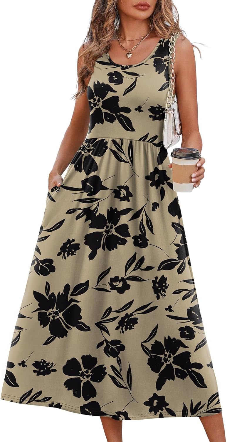Odessa Women's Sleeveless Midi Dress with Empire Waist, Flowy A-Line Skirt & Pockets