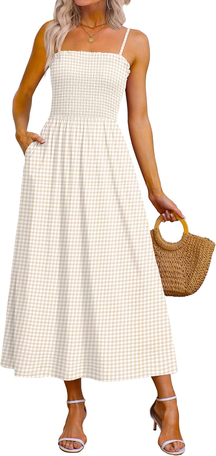 Aislinn Smocked Gingham Spaghetti Strap Maxi Sundress with Pockets for Summer Holidays