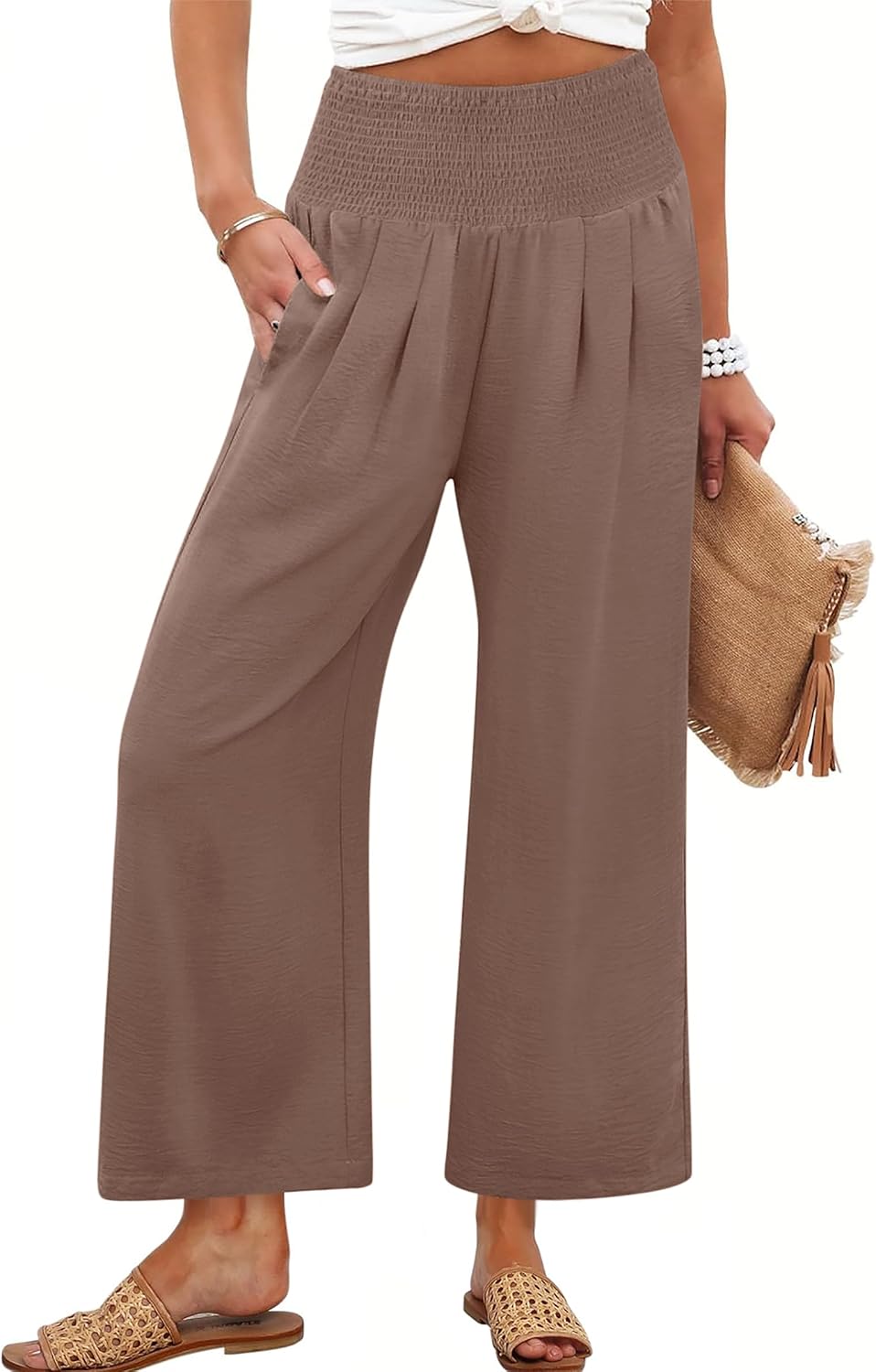 Lisette Women's High-Waisted Wide Leg Palazzo Pants with Smocked Waist & Pockets