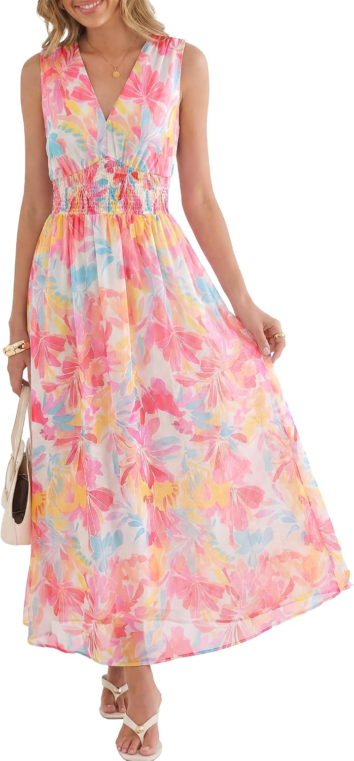 Rosalind Women's Floral Tulle Maxi Dress with V-Neck, Sleeveless A-Line Silhouette & Elastic Waist