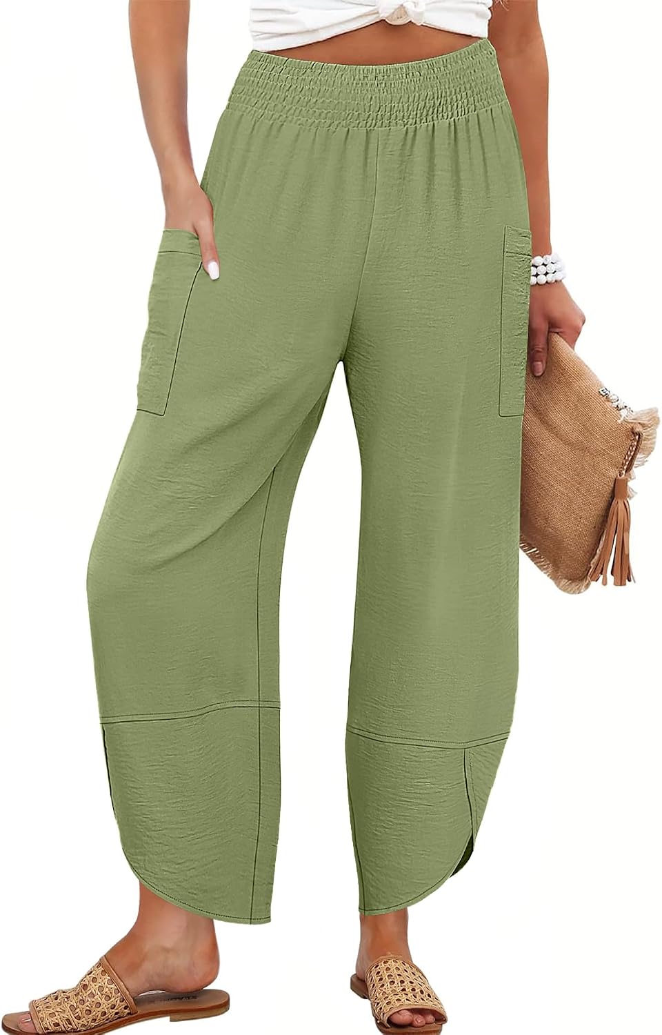 Maëlys Women's Smocked Waist Barrel Leg Cropped Pants with Utility Pockets