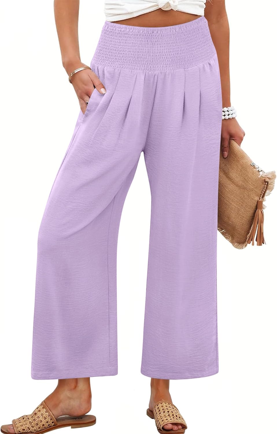 Bria - Wide Leg Palazzo Pants with Smocked High Waist, Pockets and Lightweight Fabric
