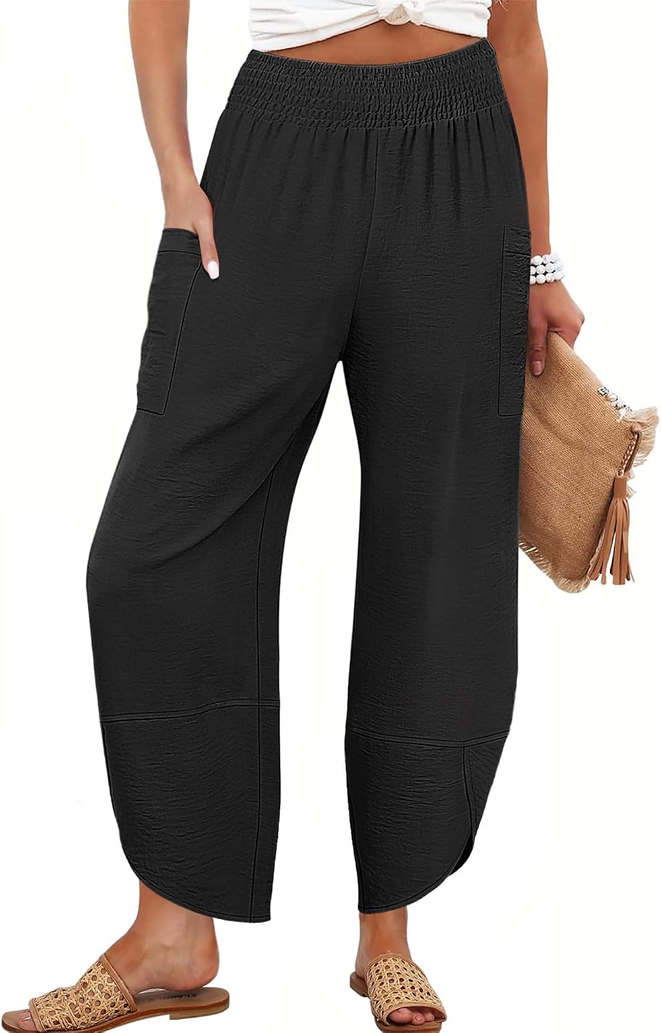 Maëlys Women's Smocked Waist Barrel Leg Cropped Pants with Utility Pockets