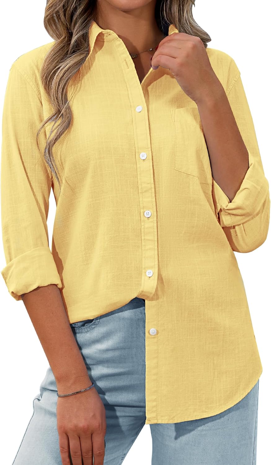 Margarita - Linen Blend Long Sleeve Button Down Shirt with Pocket Casual Summer Blouse