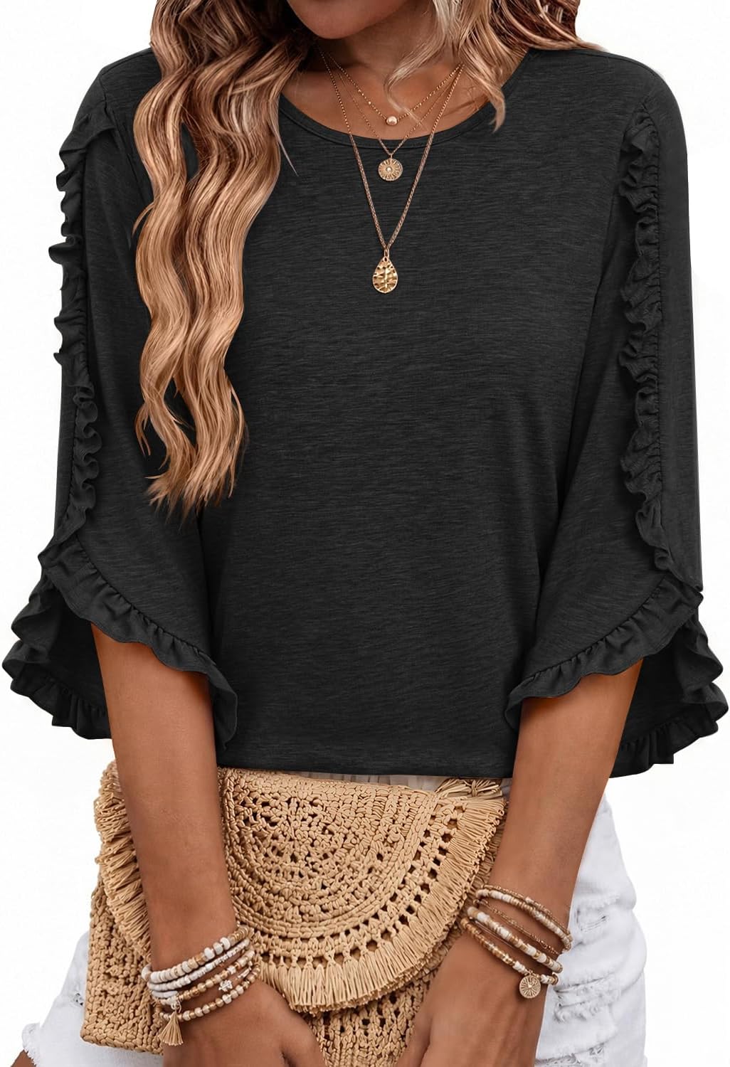 Jack Women's Ruffle Trim Top – Crewneck, Three-Quarter Sleeves & Easy Fit