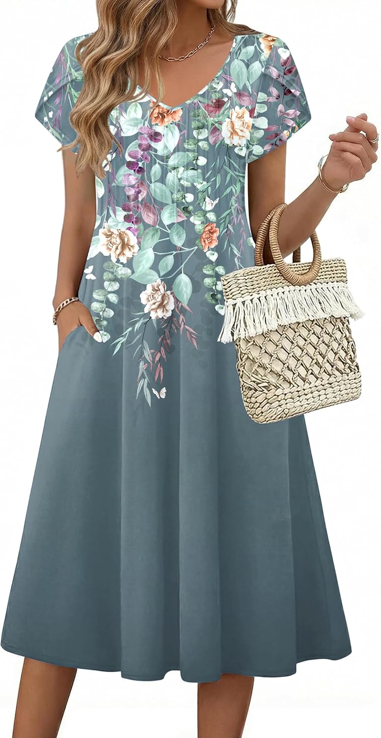 Rosalie Women's Pleated A-Line Midi Dress with V-Neck, Petal Sleeves & Side Pockets