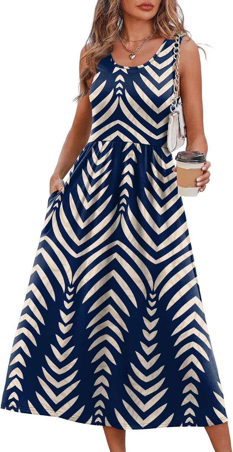 Kianna Printed Sleeveless A-Line Midi Dress with Empire Waist, Pockets & Summer Fit