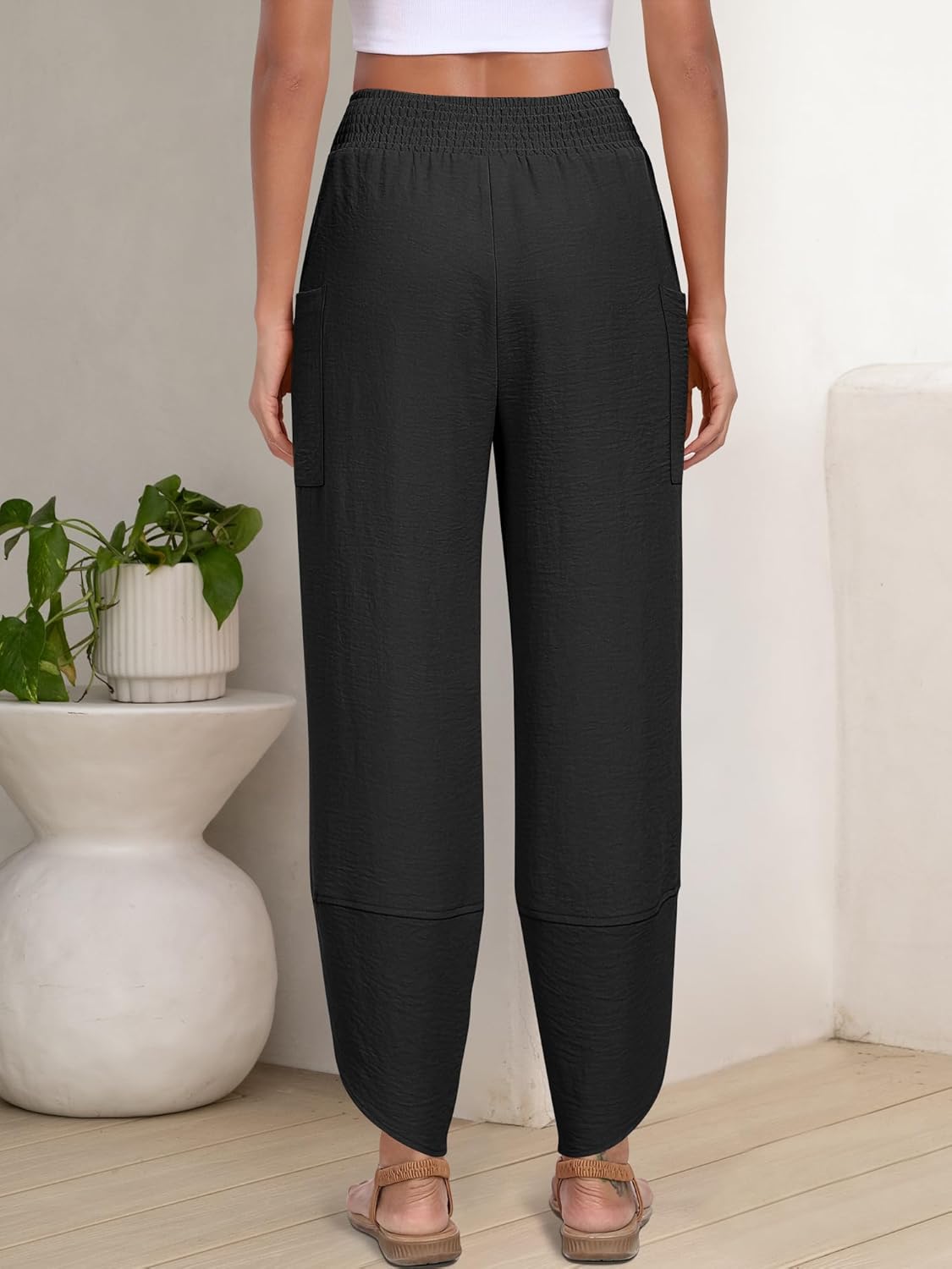 Maëlys Women's Smocked Waist Barrel Leg Cropped Pants with Utility Pockets