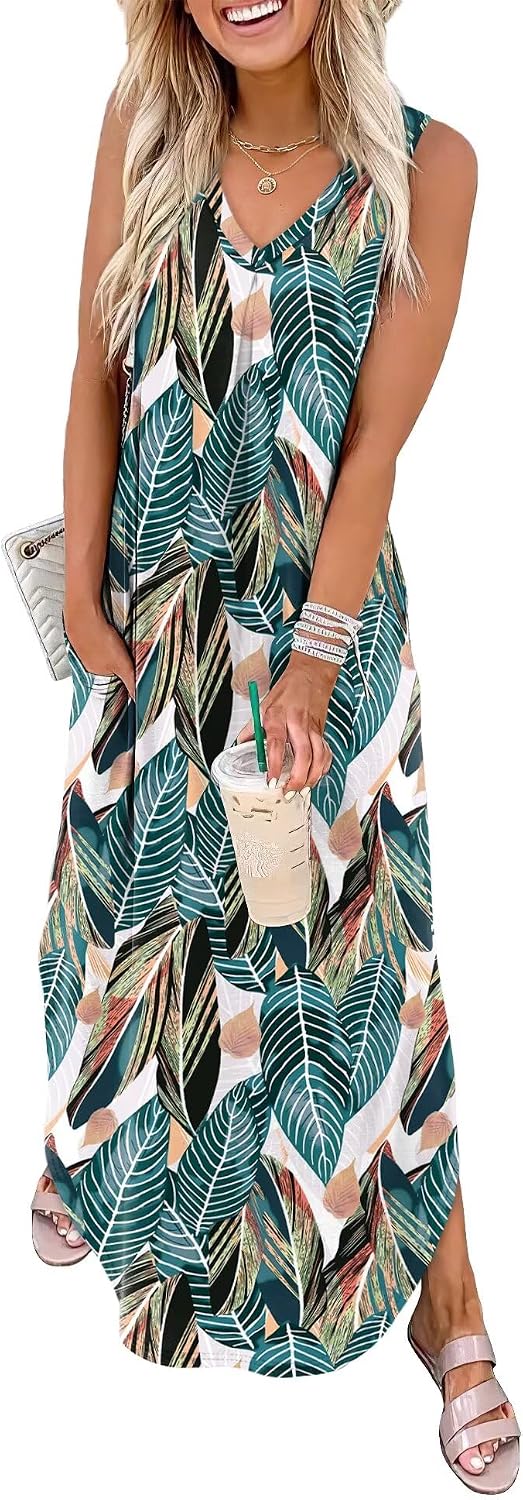 Ariella Women's Tropical Leaf Print Sleeveless Maxi Dress with V-Neck, Side Slit & Pockets