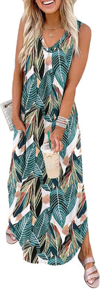 Ariella Women's Tropical Leaf Print Sleeveless Maxi Dress with V-Neck, Side Slit & Pockets