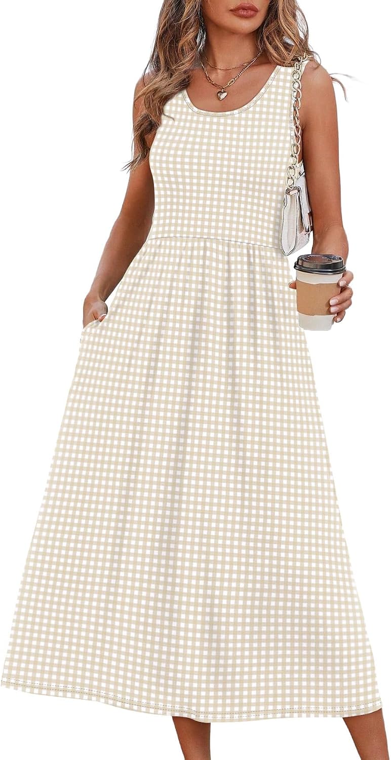 Odessa Women's Sleeveless Midi Dress with Empire Waist, Flowy A-Line Skirt & Pockets