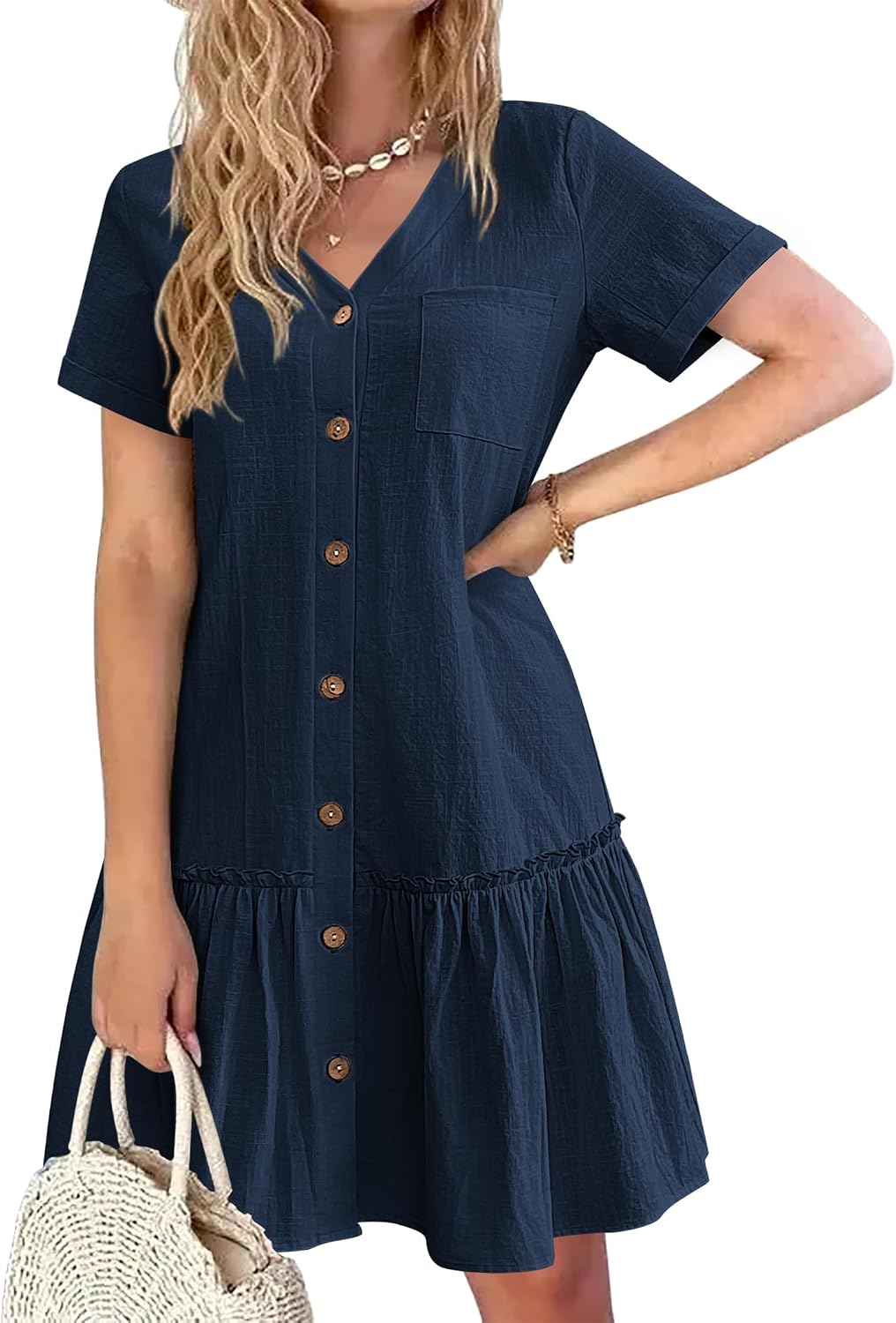 Celestine Cotton Linen Button Front Mini Dress with V-Neck, Ruffle Hem and Pocket