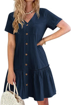Celestine Cotton Linen Button Front Mini Dress with V-Neck, Ruffle Hem and Pocket
