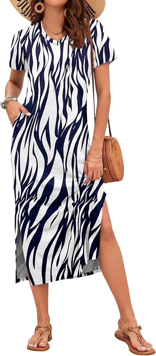 Celestia Women's Printed V-Neck Maxi Dress with Side Slits & Pockets