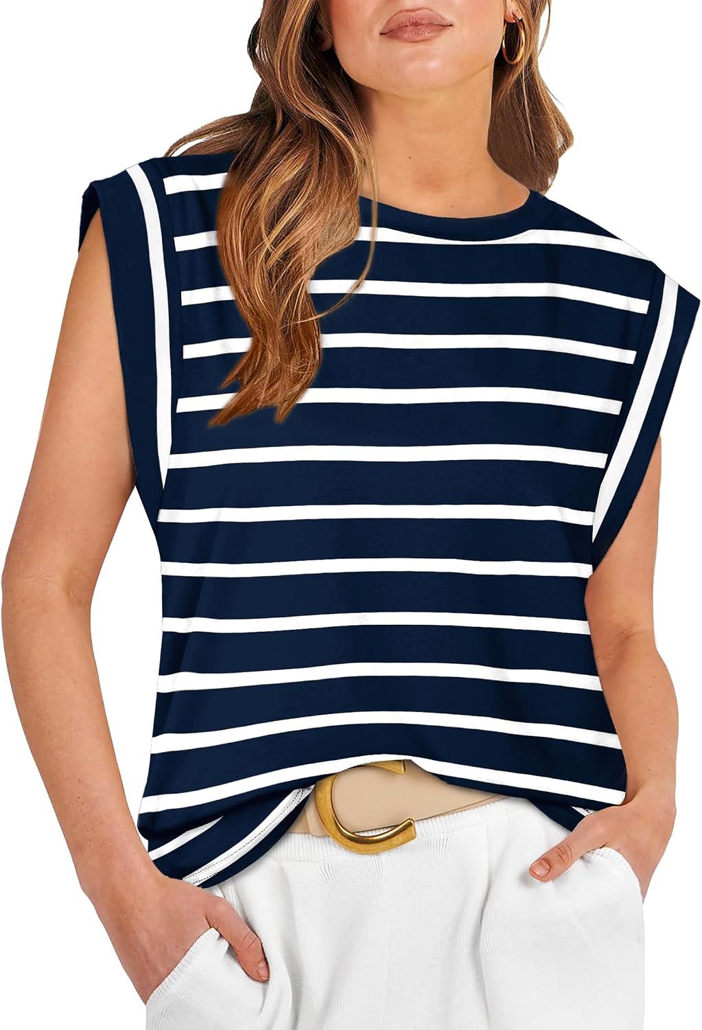 Marielle Women's Cap Sleeve Crew Neck Top with Relaxed Fit Everyday Tee