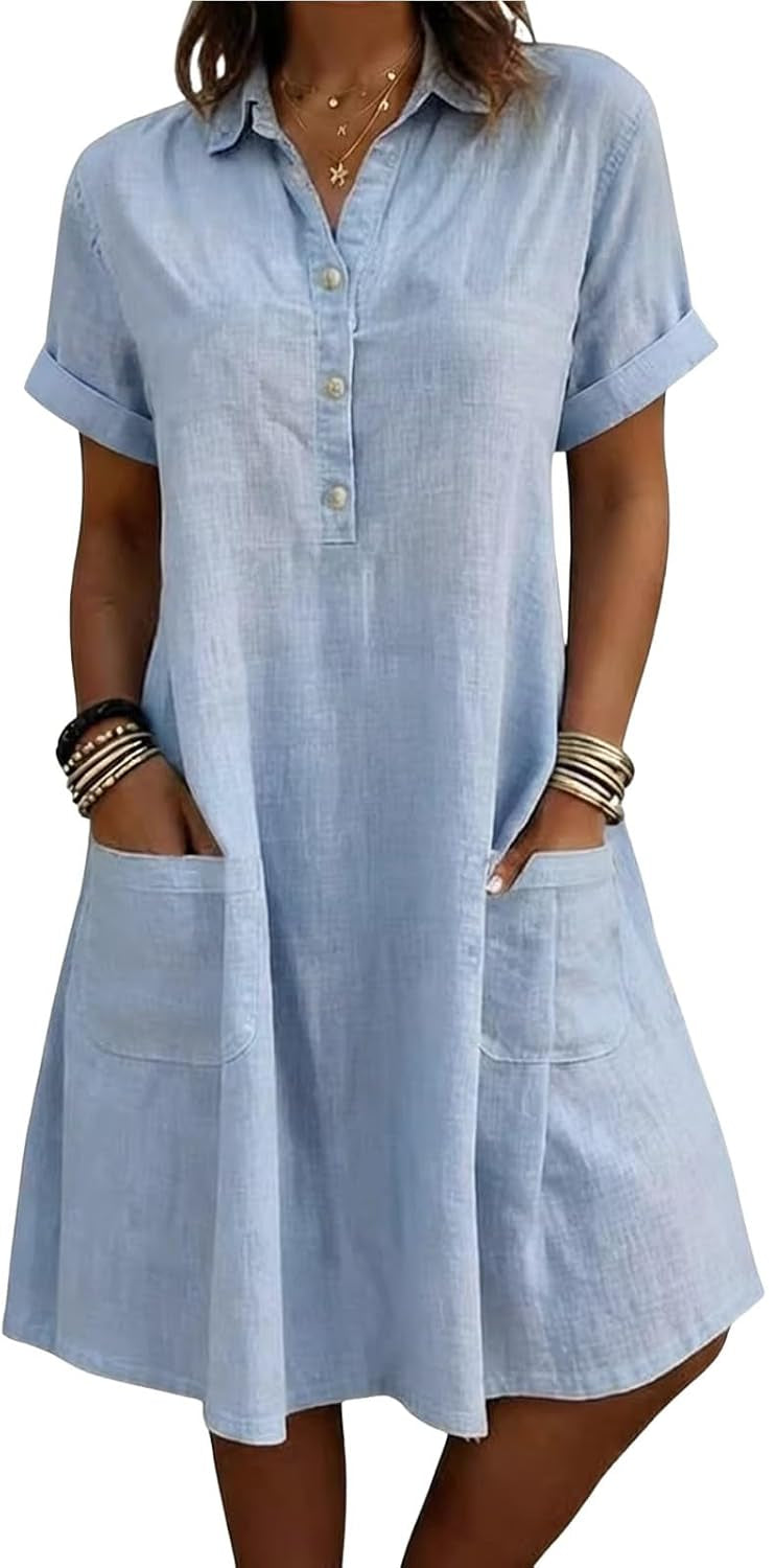 Evelina Linen Blend Shirt Dress – Short Sleeve Midi Dress with Pockets