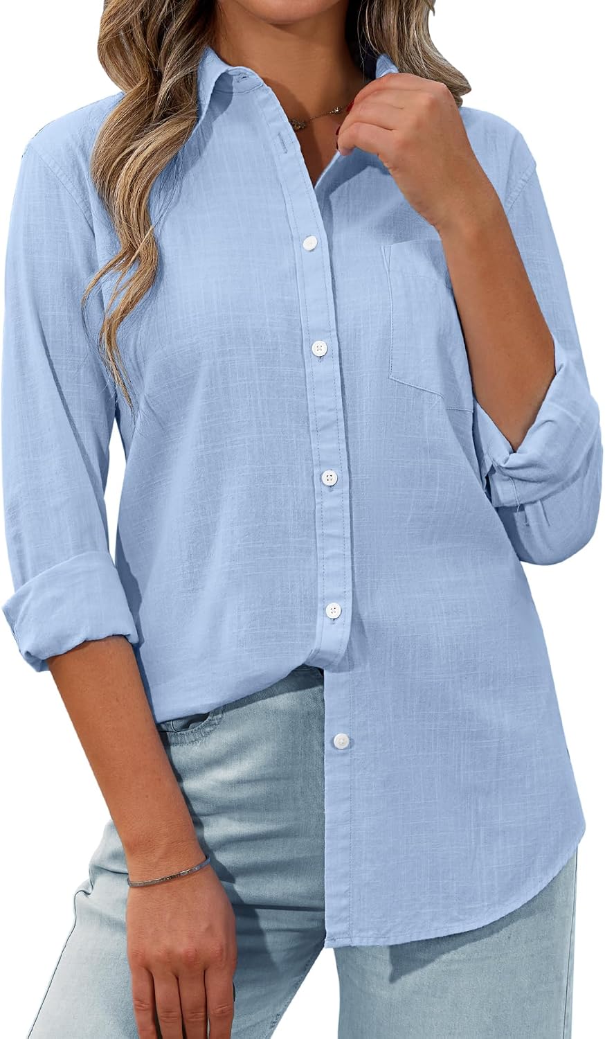 Margarita - Linen Blend Long Sleeve Button Down Shirt with Pocket Casual Summer Blouse