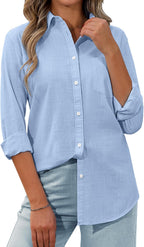 Margarita - Linen Blend Long Sleeve Button Down Shirt with Pocket Casual Summer Blouse