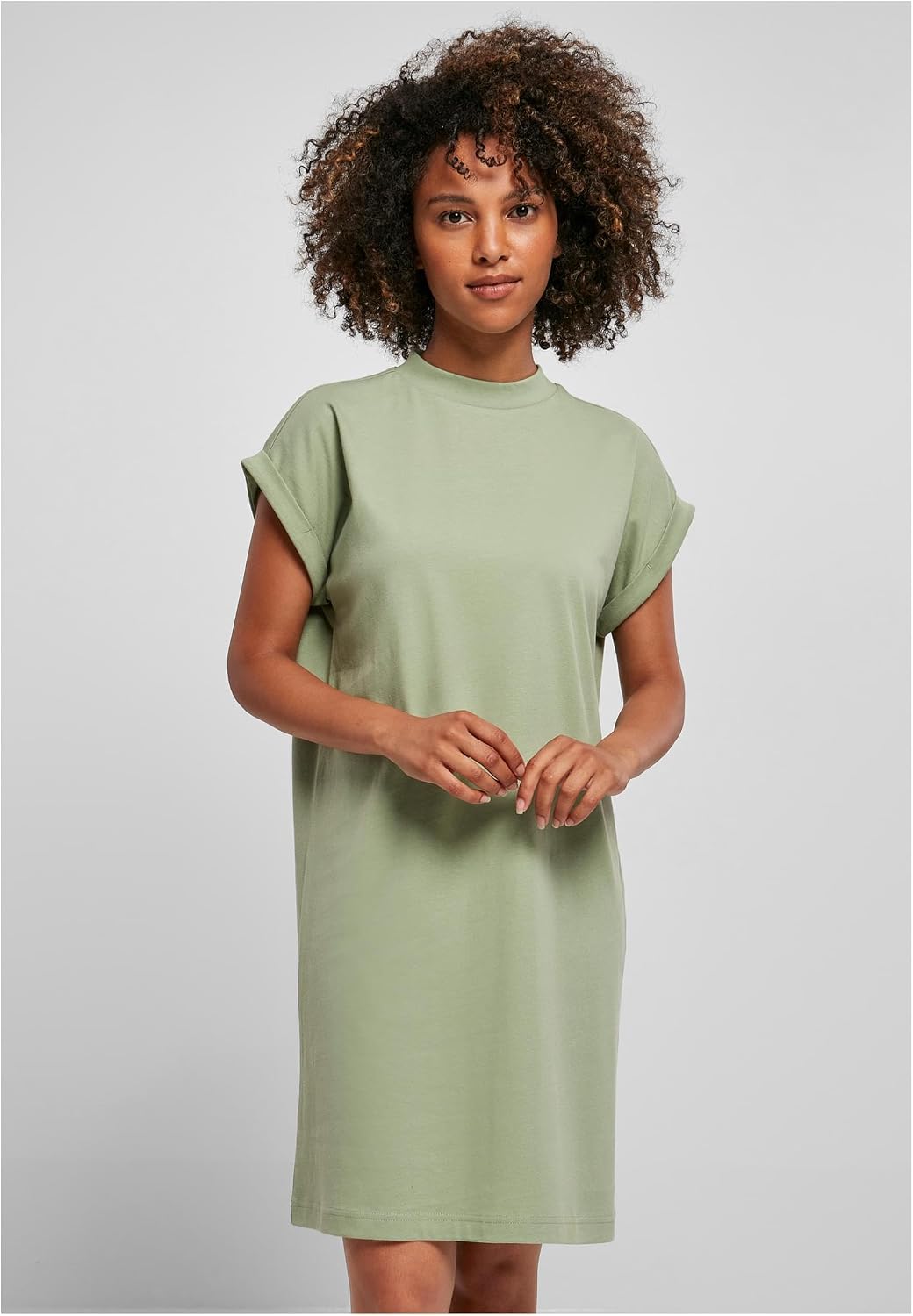 Ysabelle Cotton Drop Shoulder Mini Dress with Mock Neck and Rolled Sleeves Casual Style
