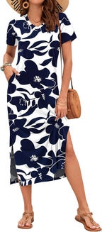 Celestia Women's Printed V-Neck Maxi Dress with Side Slits & Pockets