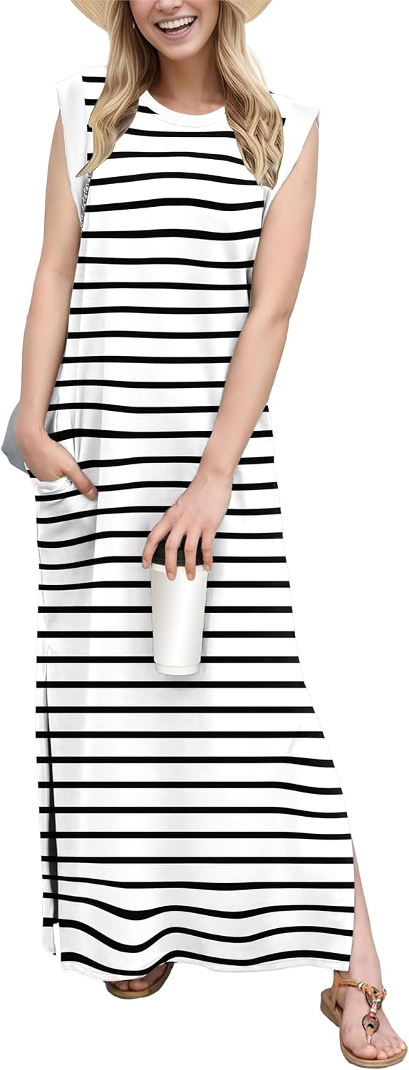 Coralie Women's Sleeveless Maxi Dress with Side Slit, Pockets & Wrinkle-Resistant Fabric