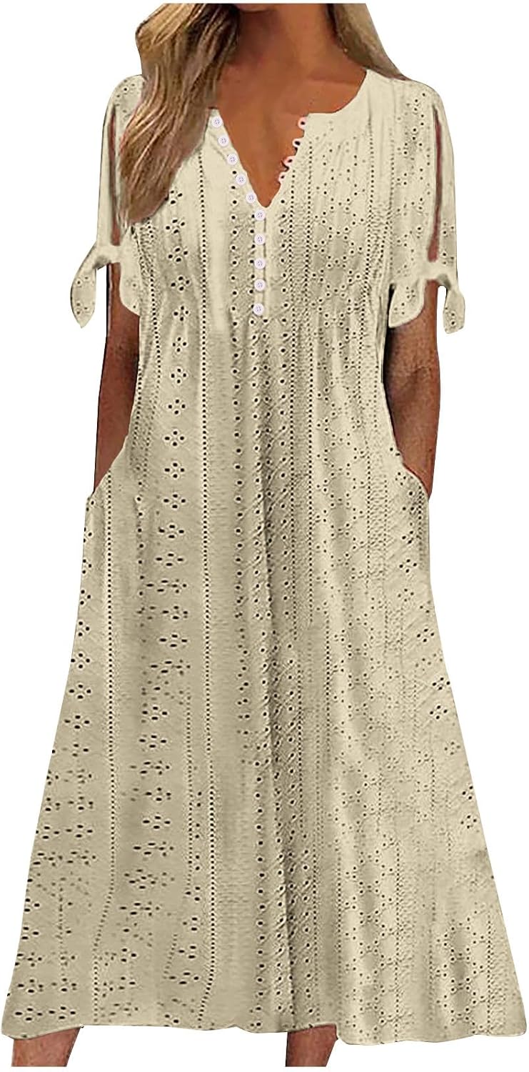 Elowyn Women's Eyelet Midi Dress with V-Neck, Decorative Buttons & Pockets