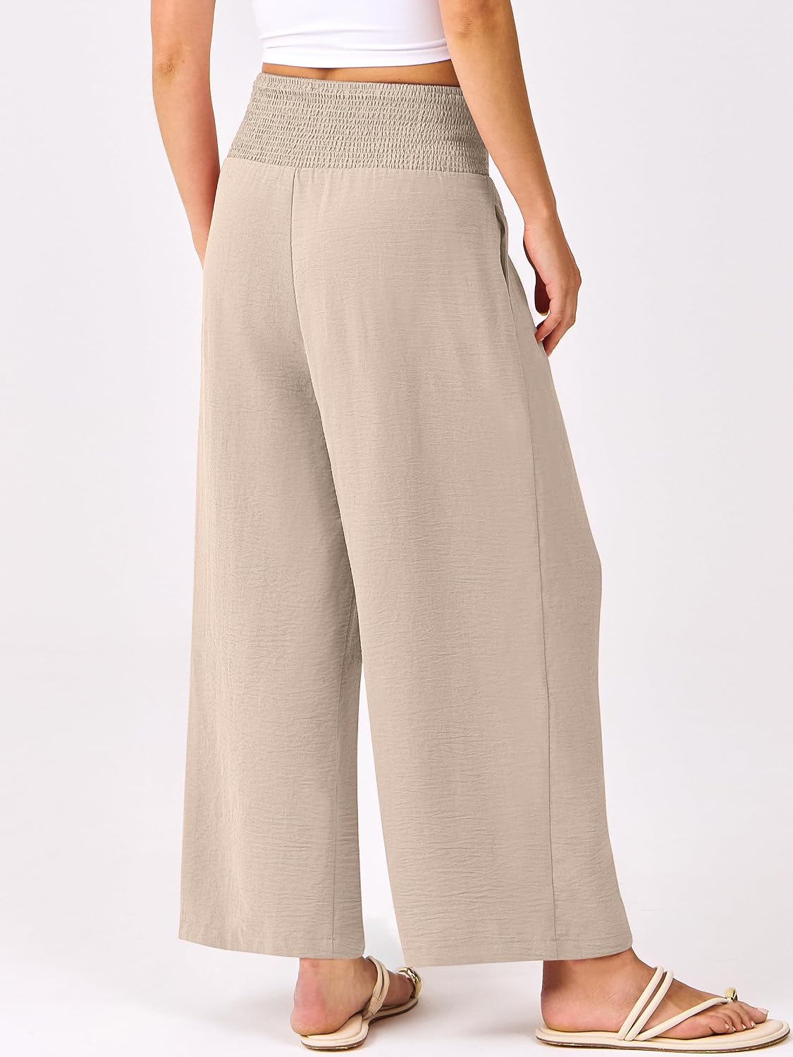 Bria - Wide Leg Palazzo Pants with Smocked High Waist, Pockets and Lightweight Fabric