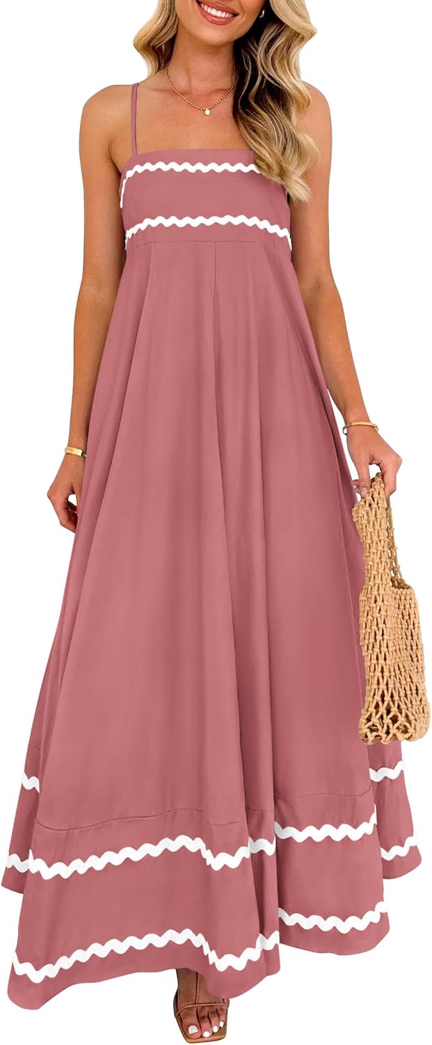 Elowyn Women's Square Neck Maxi Dress with Smocked Back, Ruffle Hem & Pockets