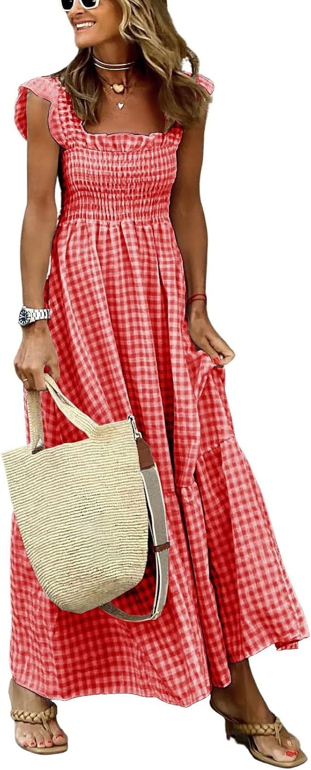 Genevieve Women's Plaid Smocked Midi Dress with Ruffle Straps, Square Neck & Pockets