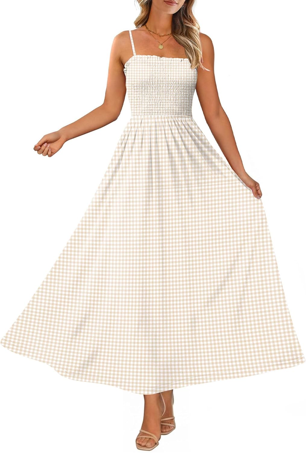 Aislinn Smocked Gingham Spaghetti Strap Maxi Sundress with Pockets for Summer Holidays
