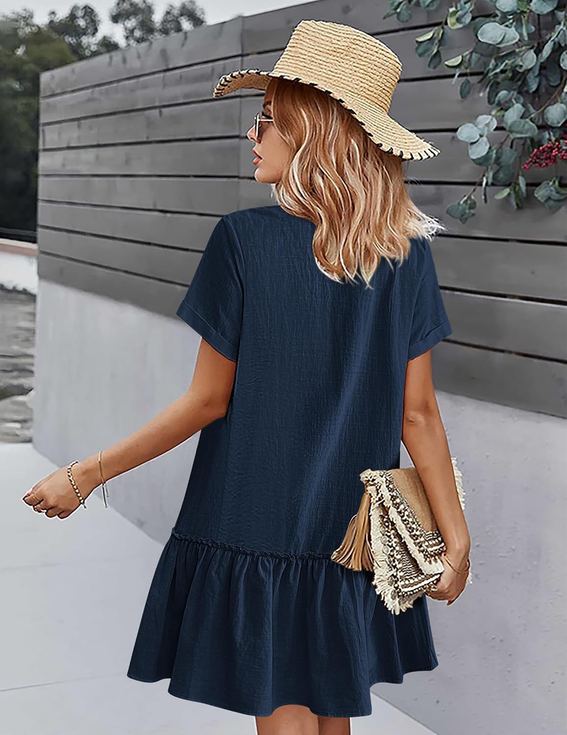 Celestine Cotton Linen Button Front Mini Dress with V-Neck, Ruffle Hem and Pocket