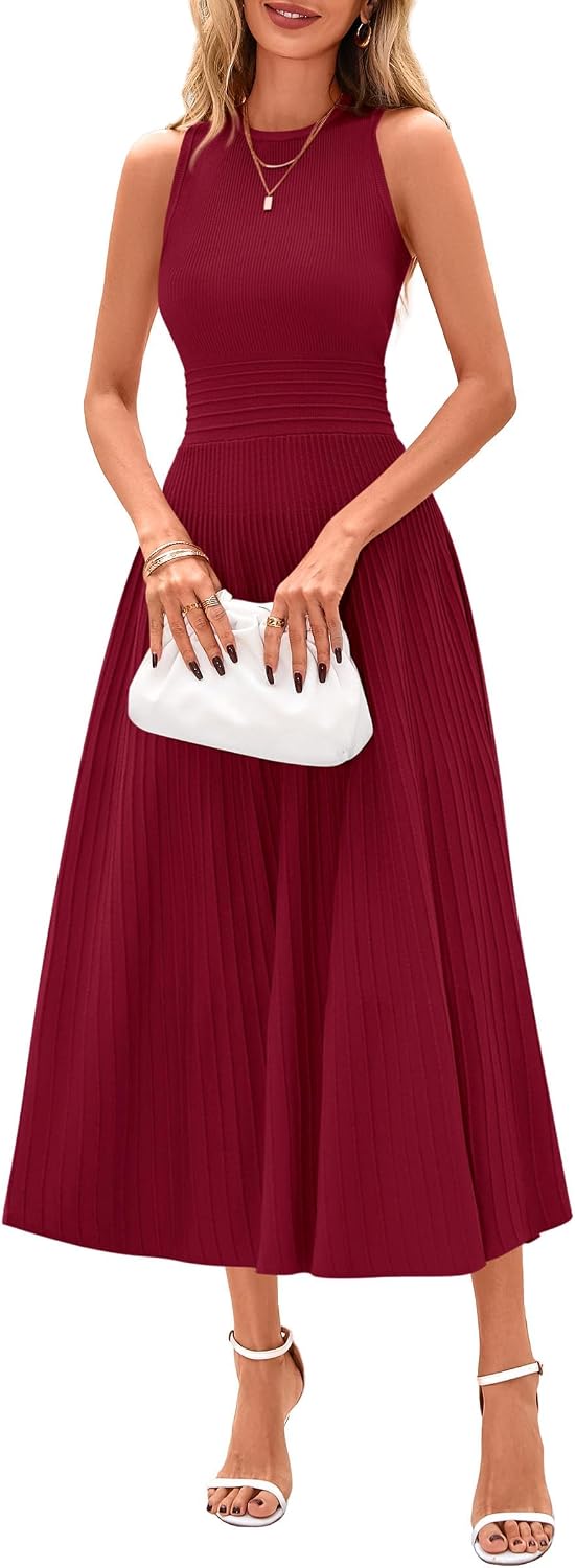 Elise Women's Pleated A-Line Midi Dress with Sleeveless Crew Neck & High Waist