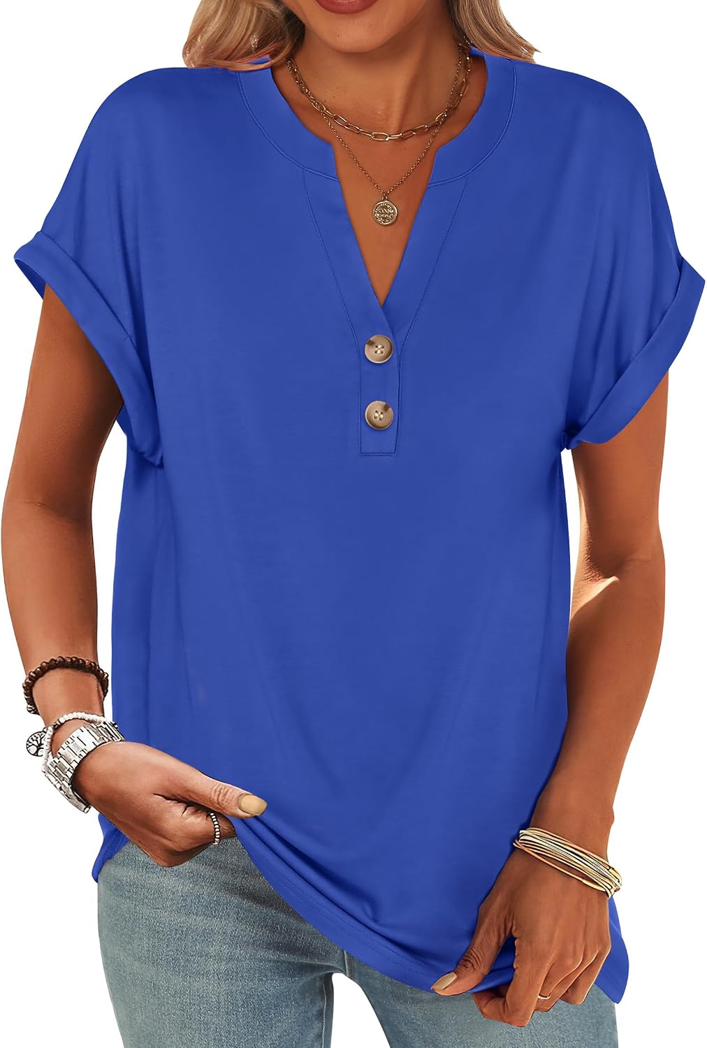 Colette Women's Henley V-Neck Tunic Top with Short Sleeves & Button Detail