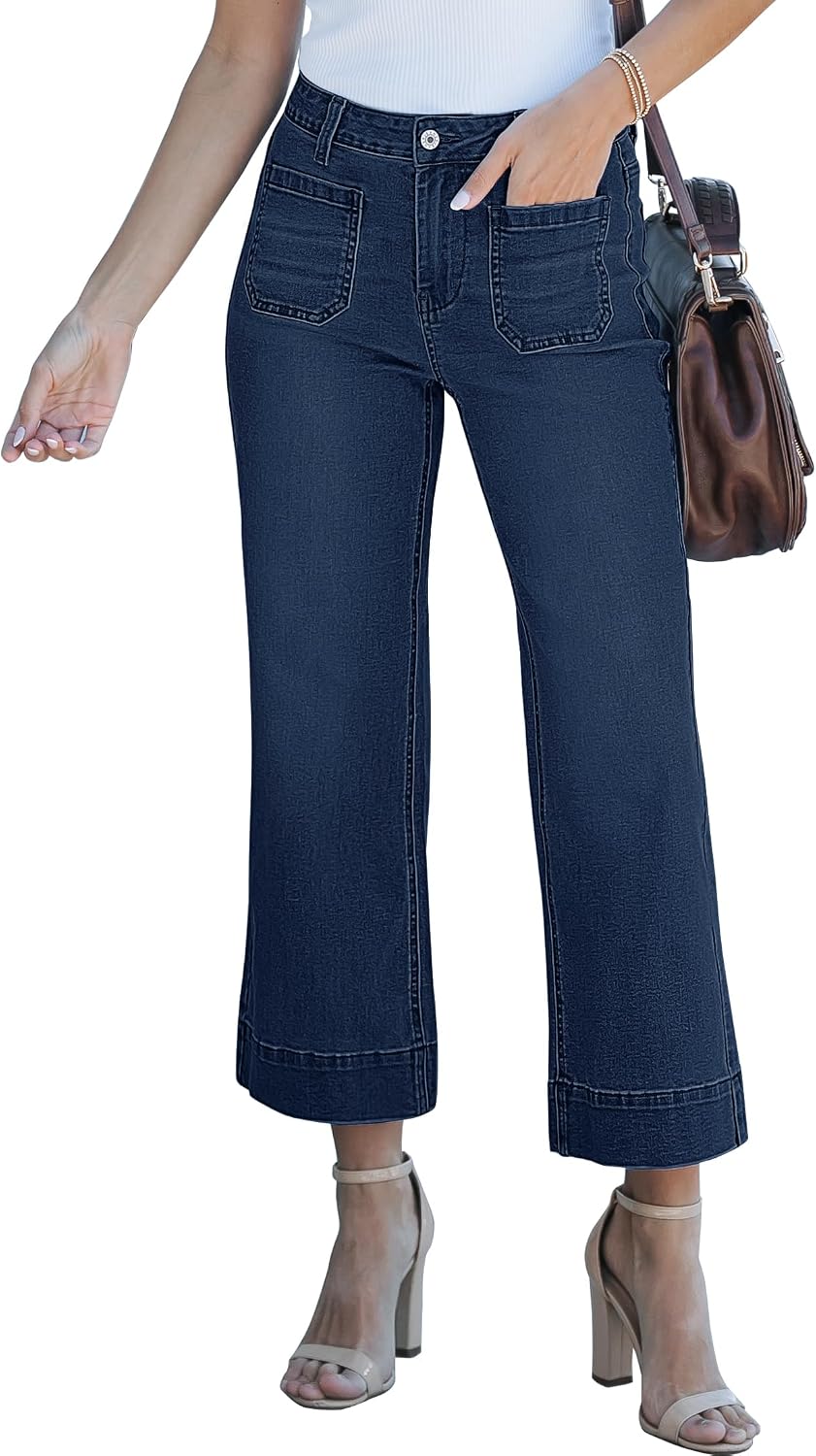 Corinne Women's High-Waisted Cropped Wide Leg Denim Jeans with Patch Pockets