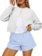 Marielle Cropped Knitted Cardigan with Crew Neck Button Front Lightweight Sweater
