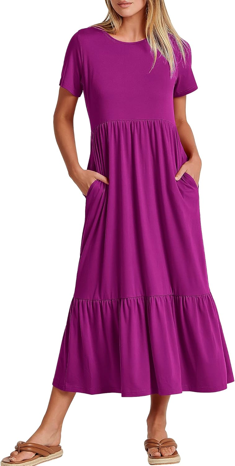 Brielle Women's Tiered Maxi Dress with Short Sleeves, Crew Neck & Side Pockets